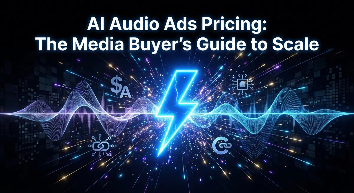 AI audio ads pricing visualized as a digital soundwave struck by electric blue lightning