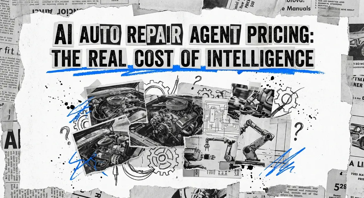 AI auto repair agent pricing guide showing torn paper collage style with electric blue accents