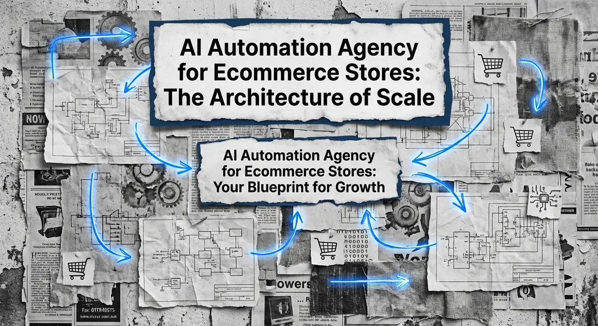 AI automation agency for ecommerce stores blueprint collage with torn paper and electric blue accents