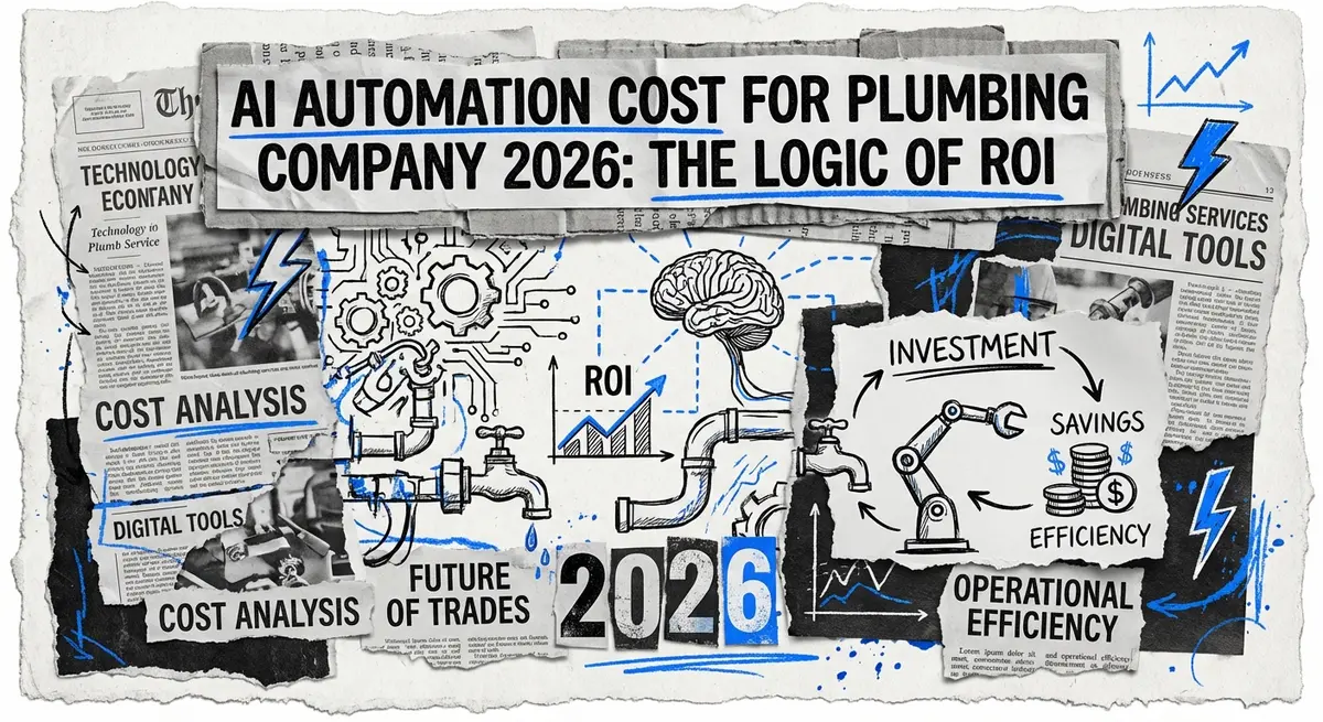 AI automation cost for plumbing company 2026 torn paper collage art