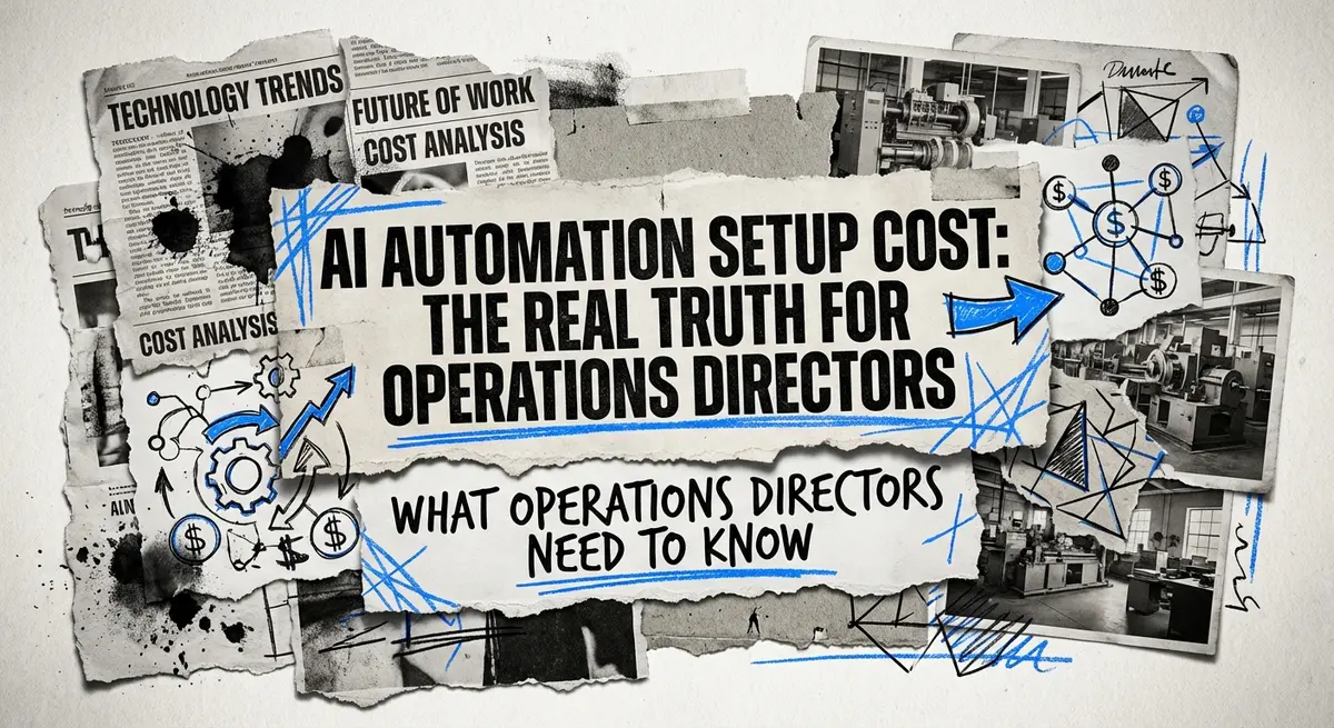Torn paper collage featuring the title AI Automation Setup Cost with electric blue accents