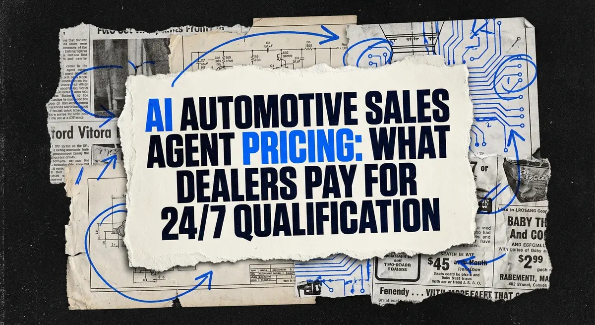 Torn paper collage featuring the text AI Automotive Sales Agent Pricing with electric blue accents