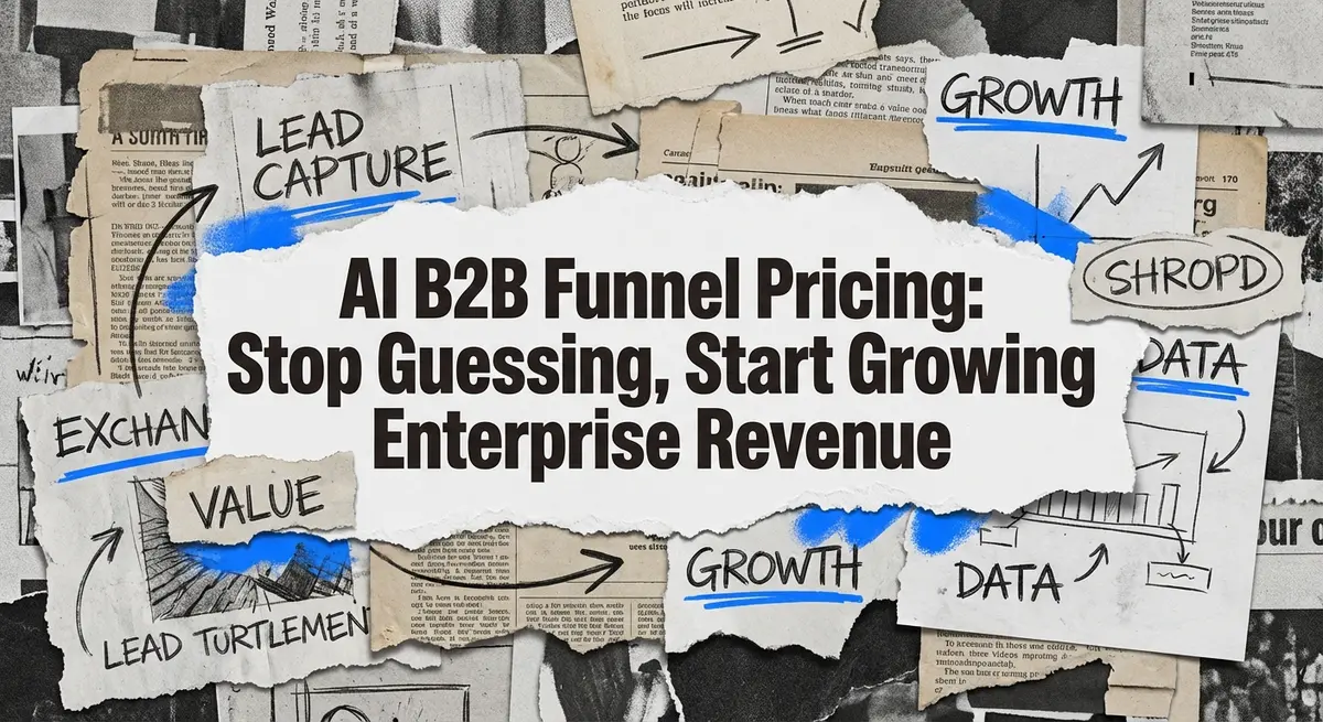 Torn paper collage featuring the title AI B2B Funnel Pricing and #0066FF accents representing enterprise growth