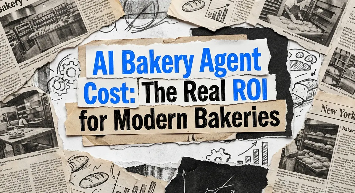 AI bakery agent cost concept art with torn paper style and electric blue accents
