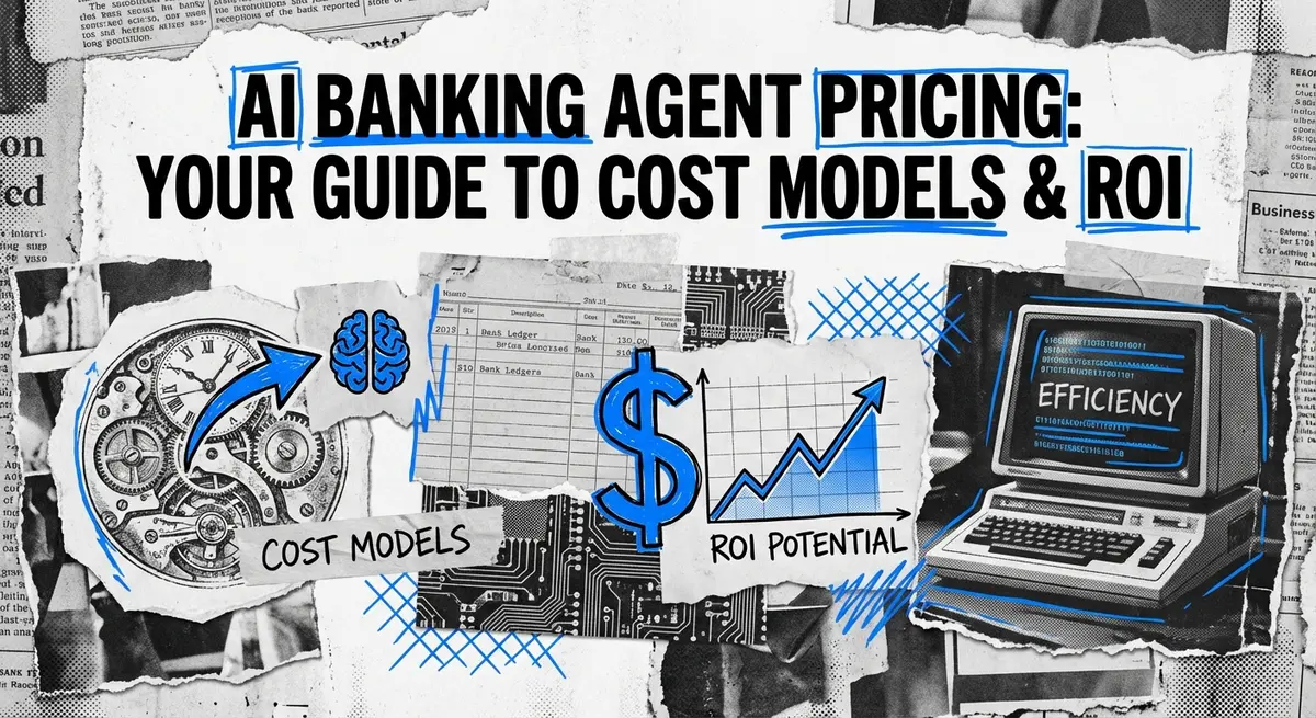 AI banking agent pricing models collage with torn paper and electric blue accents