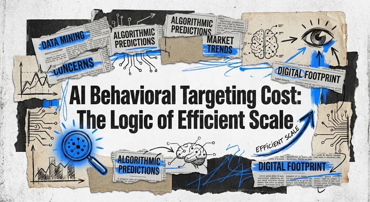 AI behavioral targeting cost concept art showing torn paper layers revealing digital logic