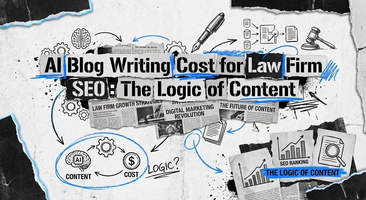 AI blog writing cost for law firm SEO collage art with legal documents and digital elements
