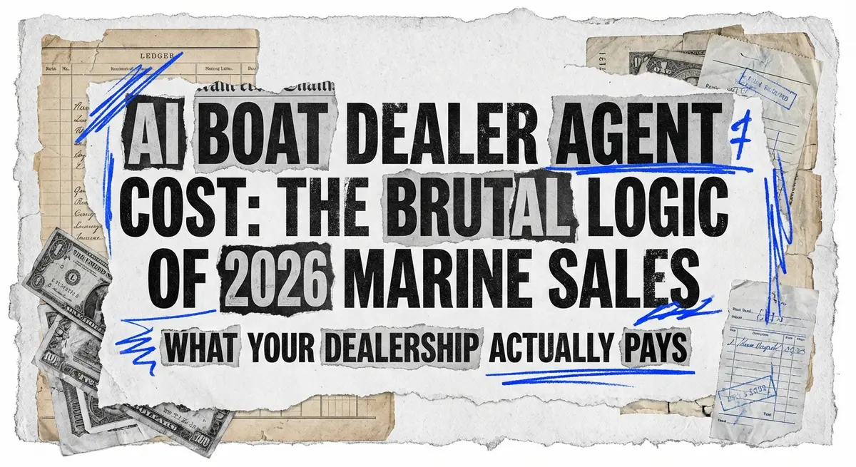 AI Boat Dealer Agent Cost torn paper collage with financial elements