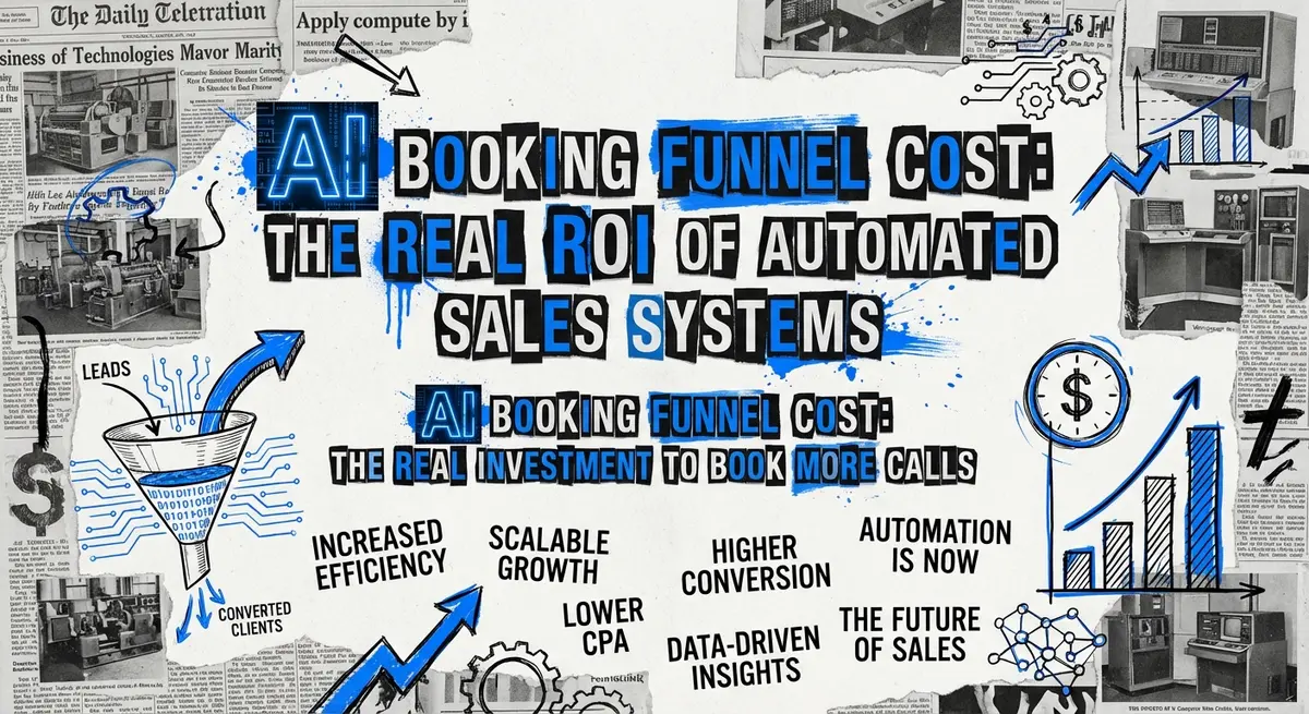 AI Booking Funnel Cost concept art with torn paper and electric blue accents