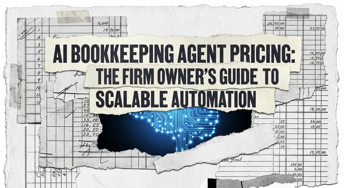 AI Bookkeeping Agent Pricing collage showing torn spreadsheets revealing digital blue automation