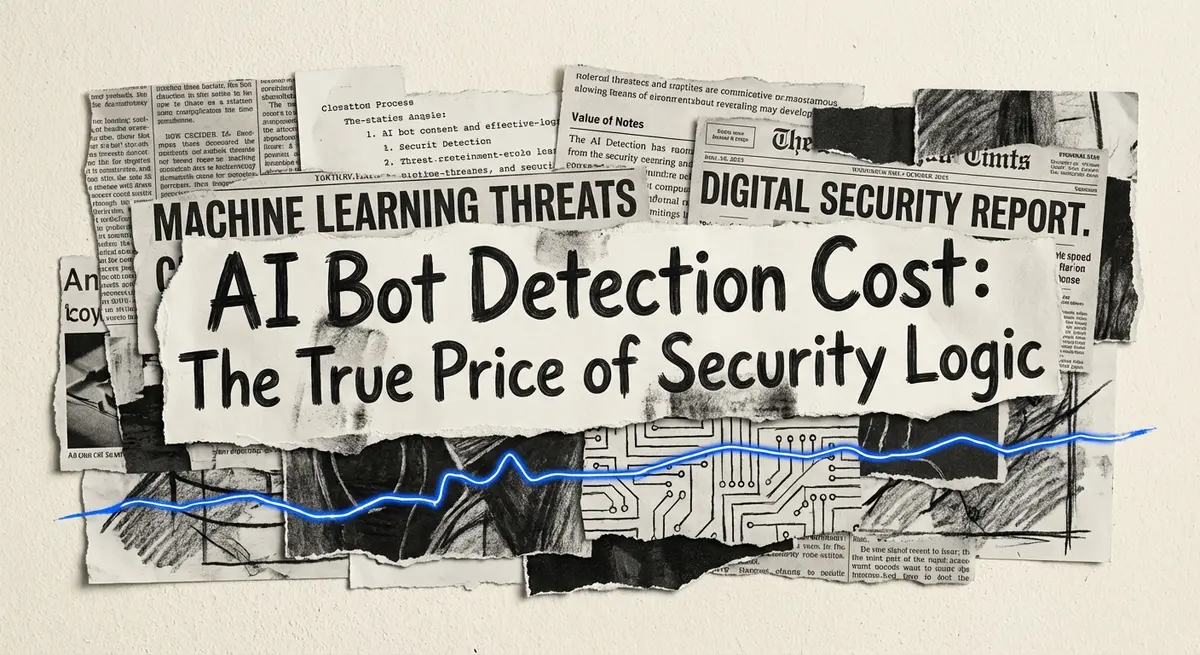 AI bot detection cost comparison collage with torn paper style and blue accents