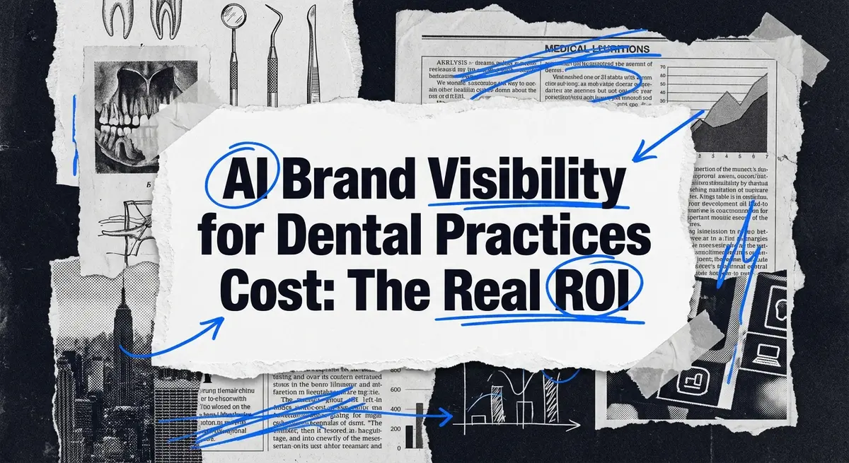 AI brand visibility for dental practices cost concept with torn paper aesthetic and blue accents