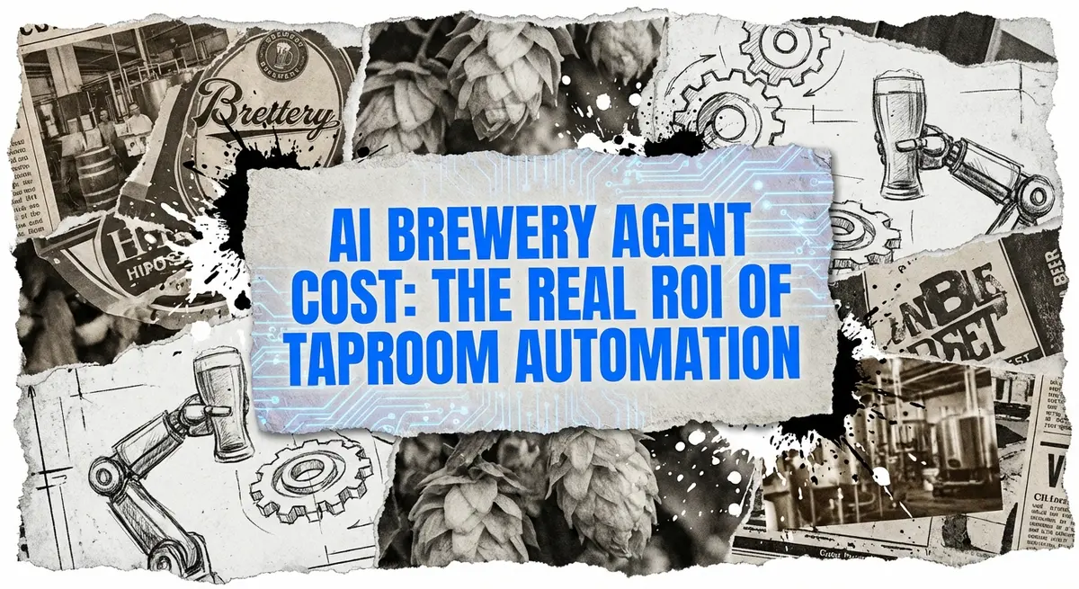 AI brewery agent cost collage with torn paper and electric blue accents