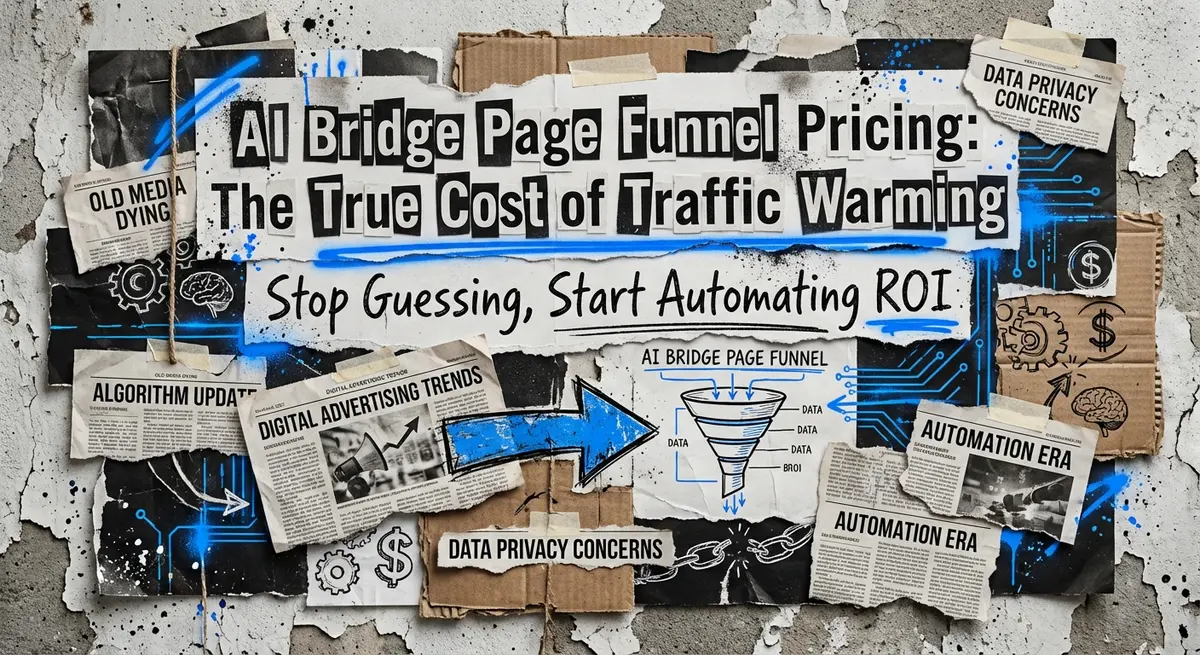AI bridge page funnel pricing collage with torn paper and electric blue accents