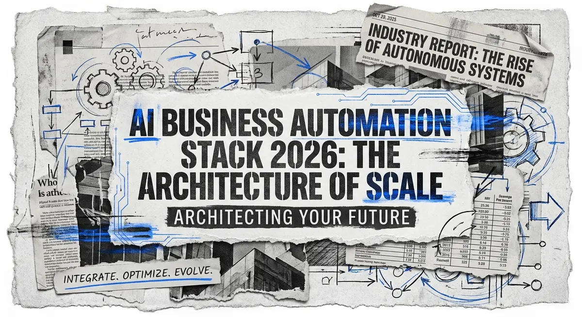 AI Business Automation Stack 2026 collage with torn paper and electric blue accents