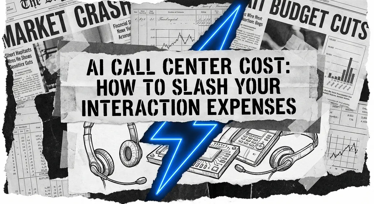 AI Call Center Cost collage with torn paper and financial charts