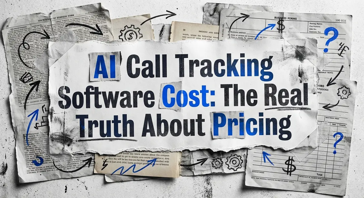 AI Call Tracking Software Cost collage with torn paper and electric blue accents