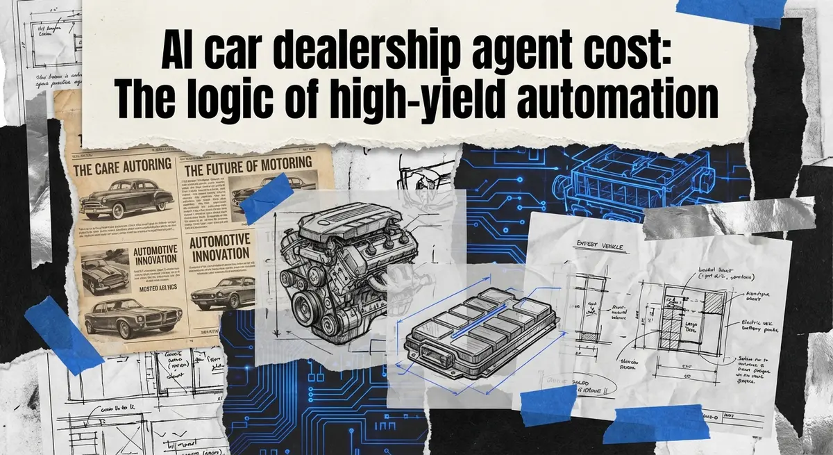 AI car dealership agent cost analysis featuring torn paper collage with automotive elements and electric blue accents