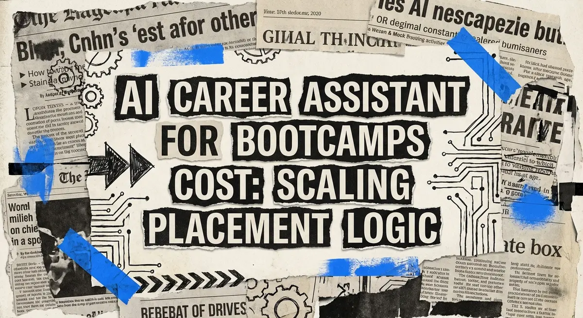 Torn paper collage illustrating ai career assistant for bootcamps cost and scaling placement logic