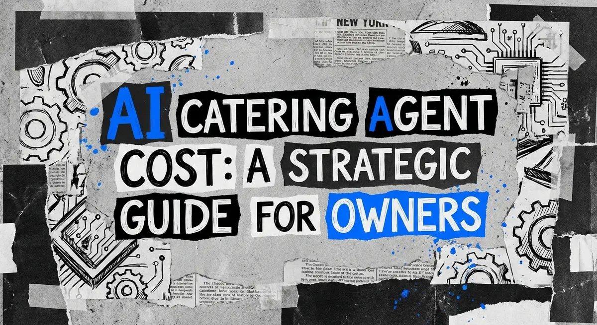 AI catering agent cost analysis collage with torn paper and electric blue accents