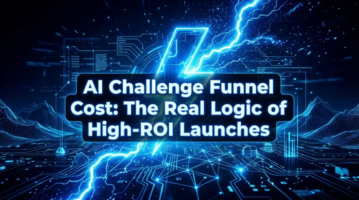 AI challenge funnel cost visualization with electric blue lightning striking digital growth chart