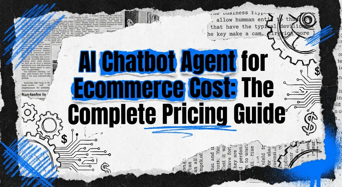AI Chatbot Agent for Ecommerce Cost collage style illustration with torn paper and blue accents