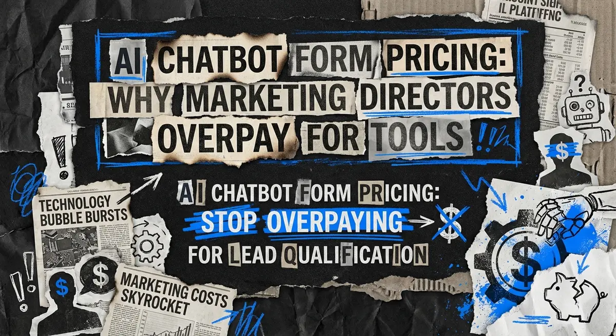 AI chatbot form pricing collage with torn paper and electric blue accents