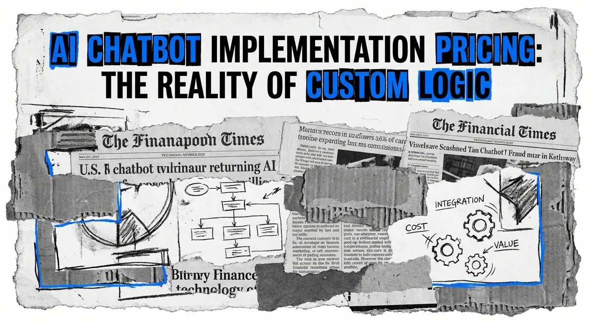 Torn paper collage showing ai chatbot implementation pricing concepts with electric blue accents