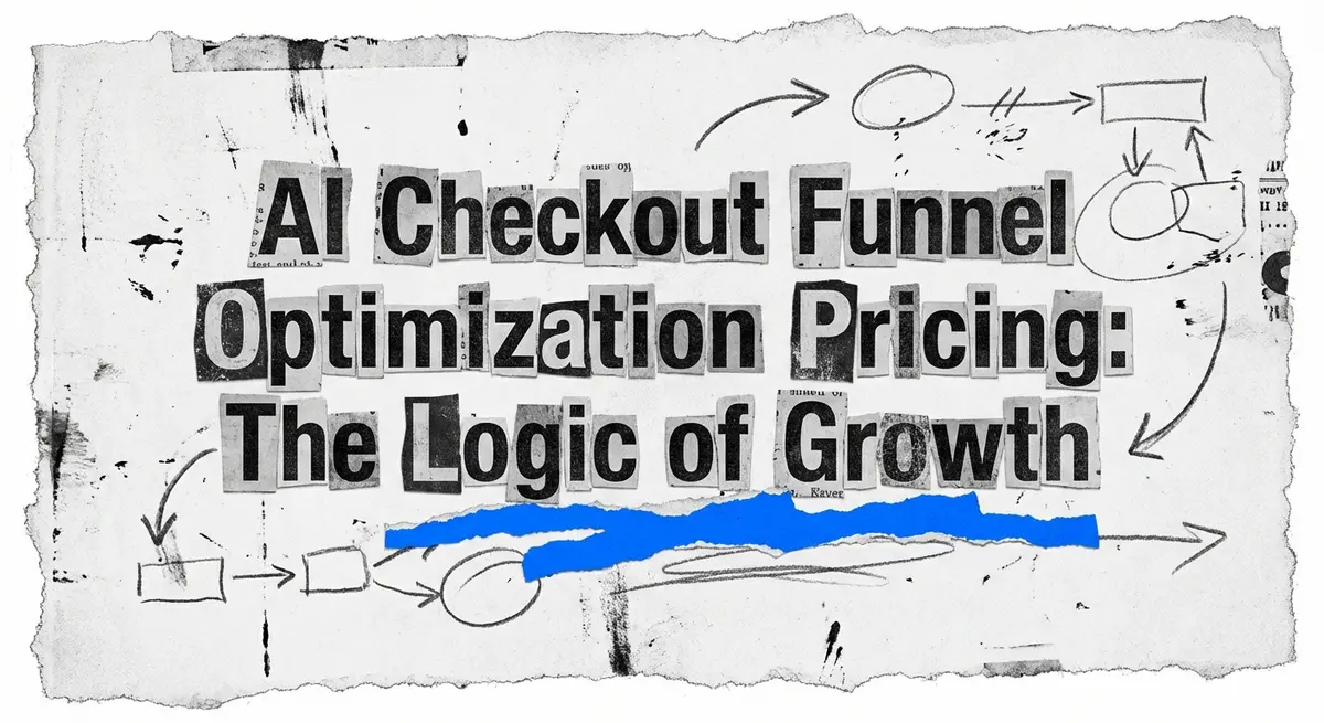 AI Checkout Funnel Optimization Pricing visual concept with torn paper style and electric blue accents
