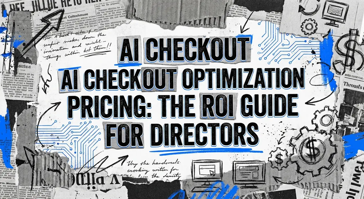 AI Checkout Optimization Pricing torn paper collage with electric blue accents