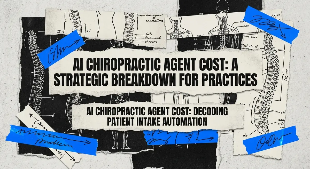 AI chiropractic agent cost torn paper collage with vintage medical elements and electric blue accents