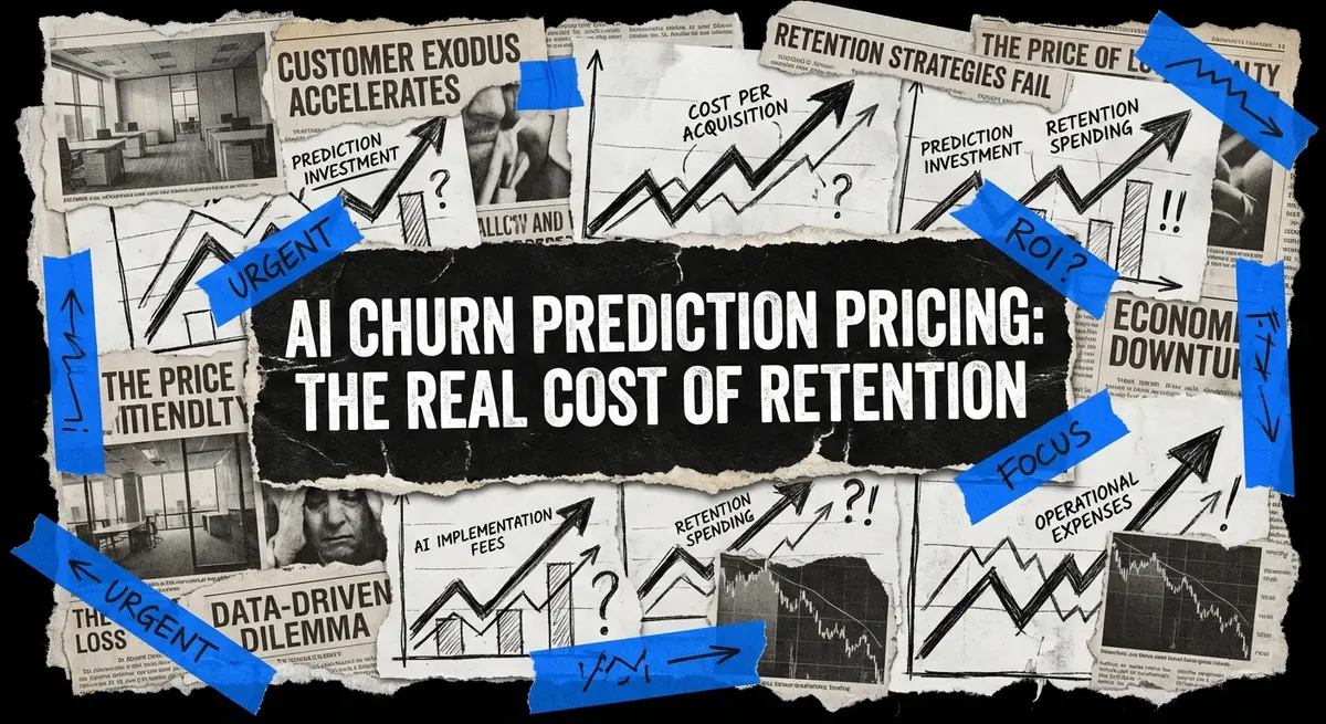 AI churn prediction pricing guide featuring torn paper collage with electric blue accents