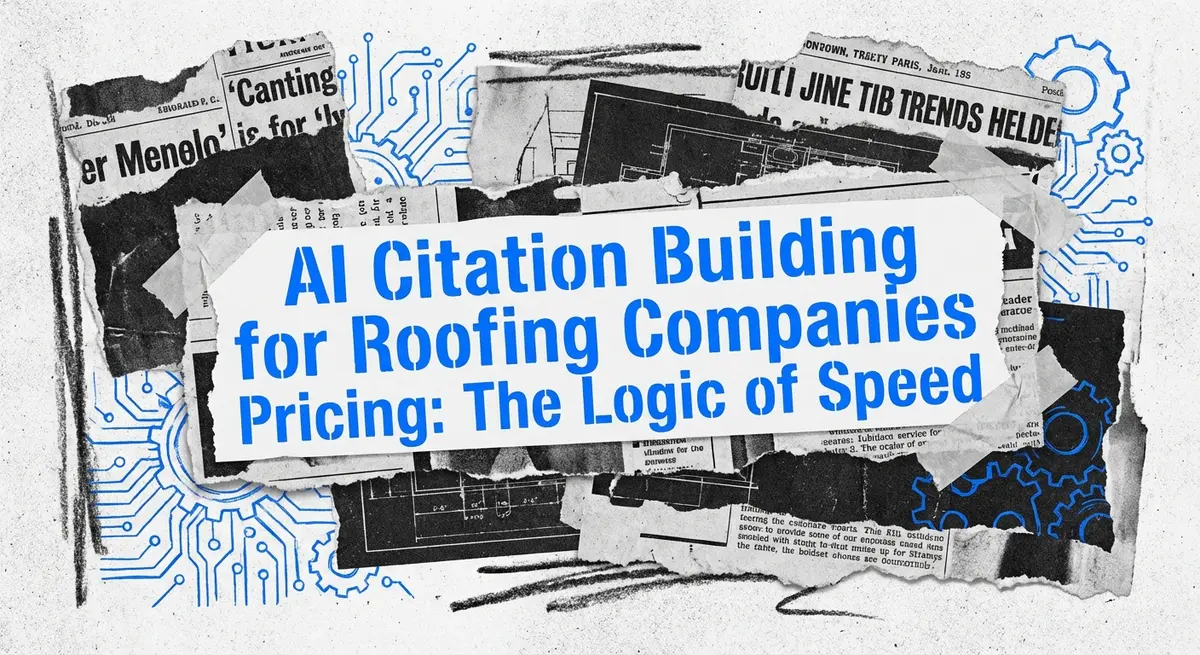 AI citation building for roofing companies pricing featured image with torn paper style and electric blue accents