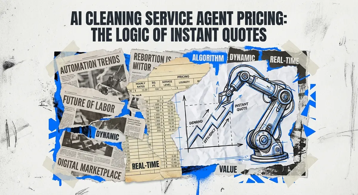 AI cleaning service agent pricing collage with torn paper and digital elements