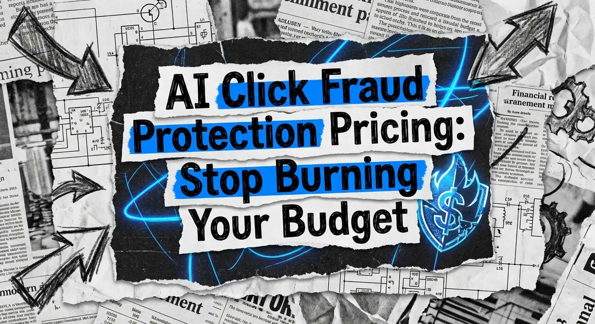 AI Click Fraud Protection Pricing collage with torn paper and electric blue accents