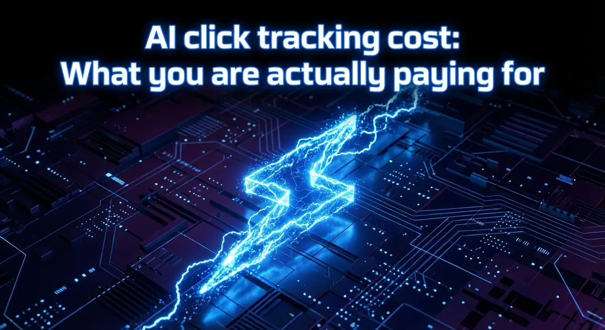 AI click tracking cost visualization with electric blue lightning and digital analytics background