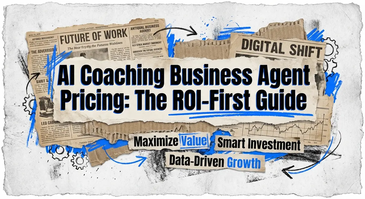 AI coaching business agent pricing guide features collage with torn paper and electric blue accents