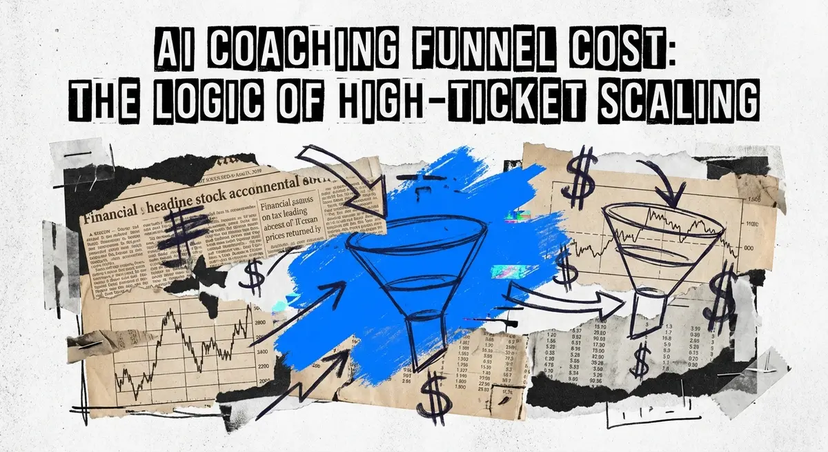 AI coaching funnel cost analysis collage with electric blue accents