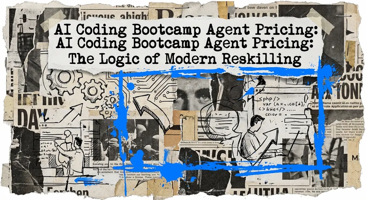 AI Coding Bootcamp Agent Pricing collage with torn paper and electric blue accents