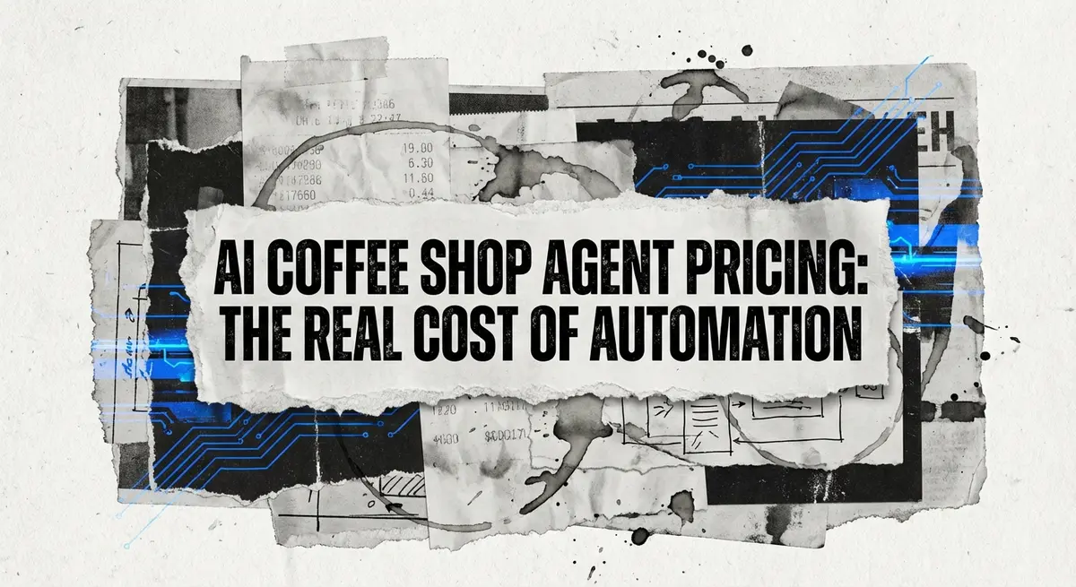 AI Coffee Shop Agent Pricing collage with torn paper and electric blue accents