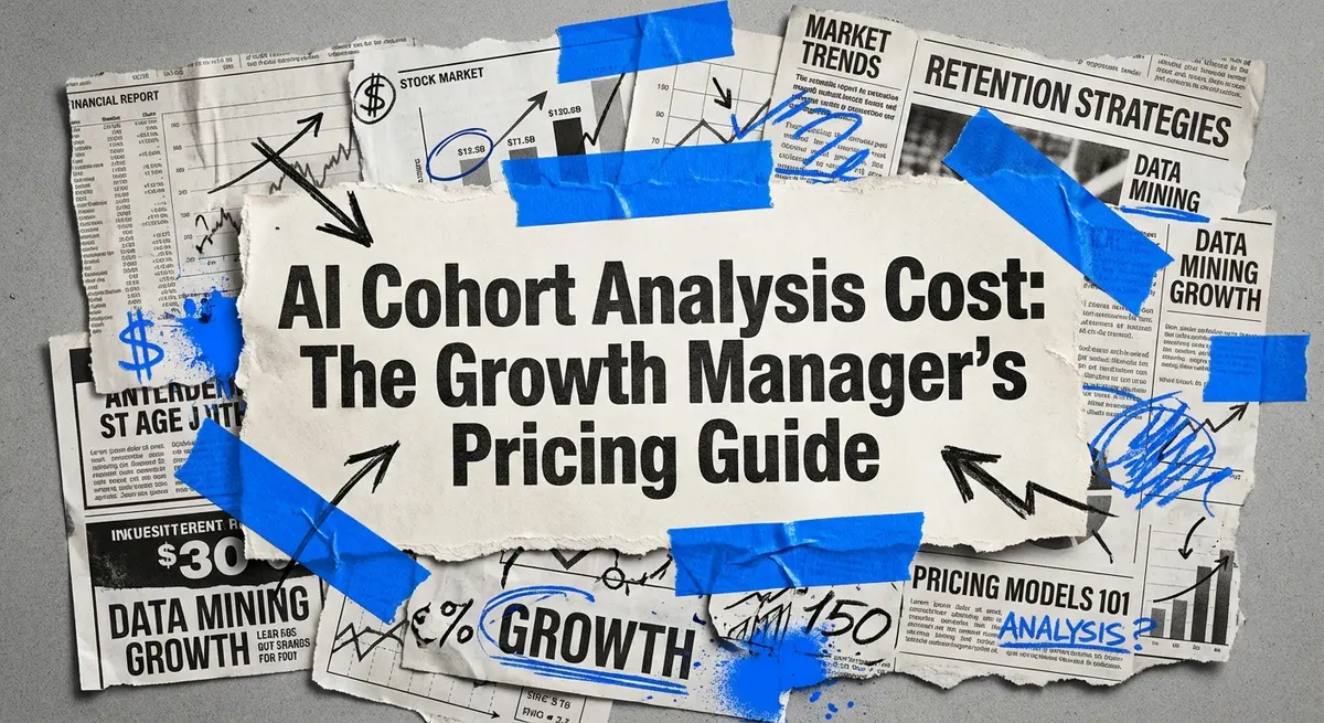 AI cohort analysis cost guide collage with torn paper and blue accents