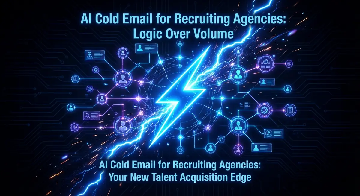 AI cold email for recruiting agencies featured image showing digital network and lightning bolt