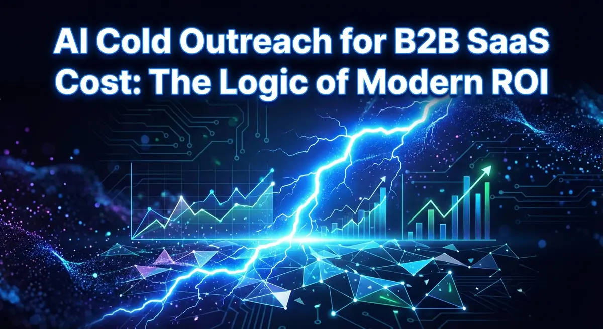 AI Cold Outreach for B2B SaaS Cost visualized as a dynamic electric blue lightning bolt striking through a digital financial landscape.