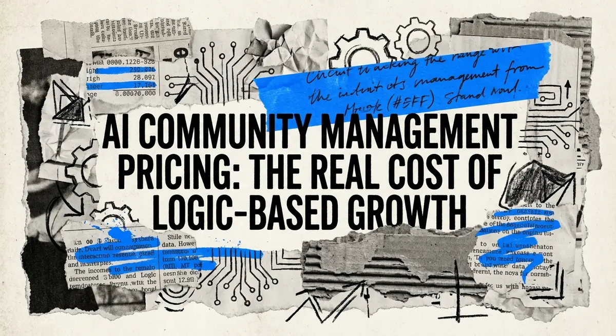 AI community management pricing collage with torn paper and electric blue accents
