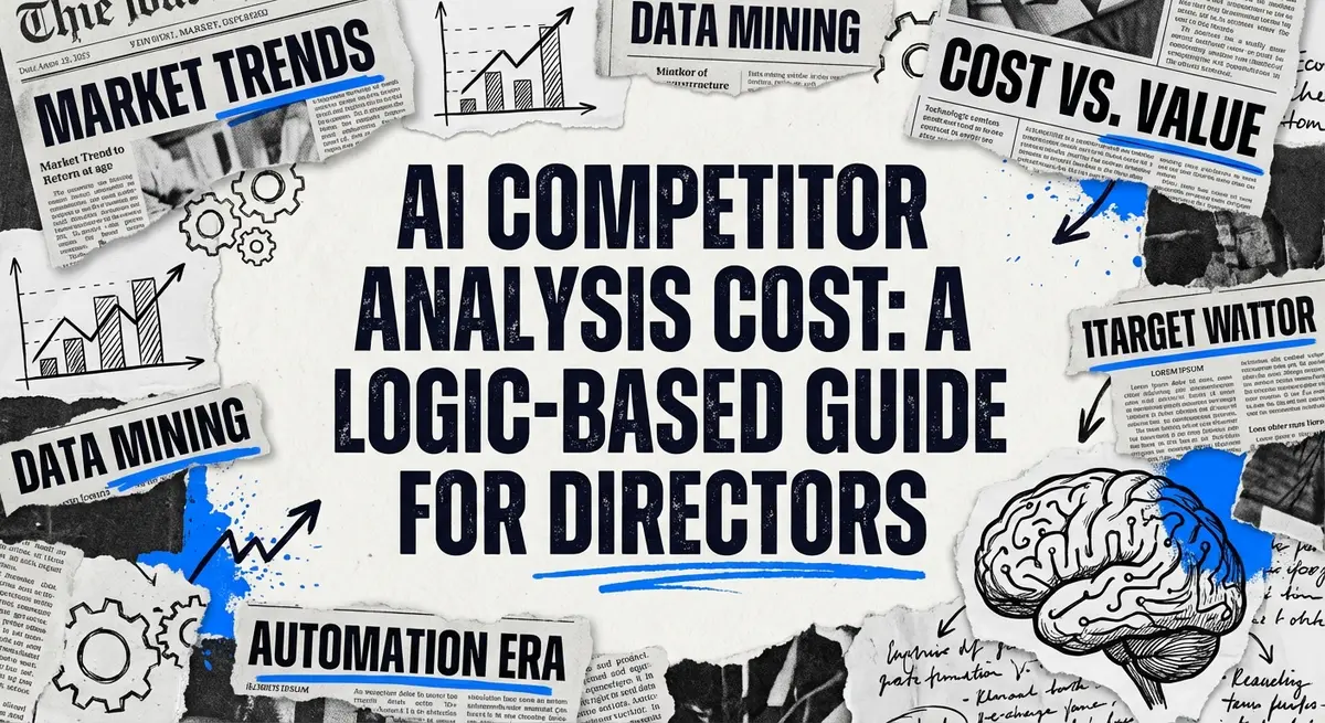 AI competitor analysis cost guide showing torn paper collage with digital overlay