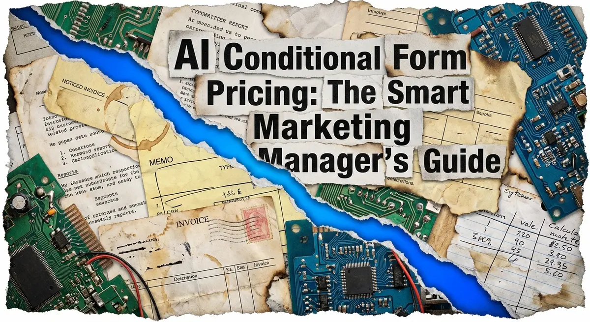 AI Conditional Form Pricing guide torn paper collage with electric blue accents