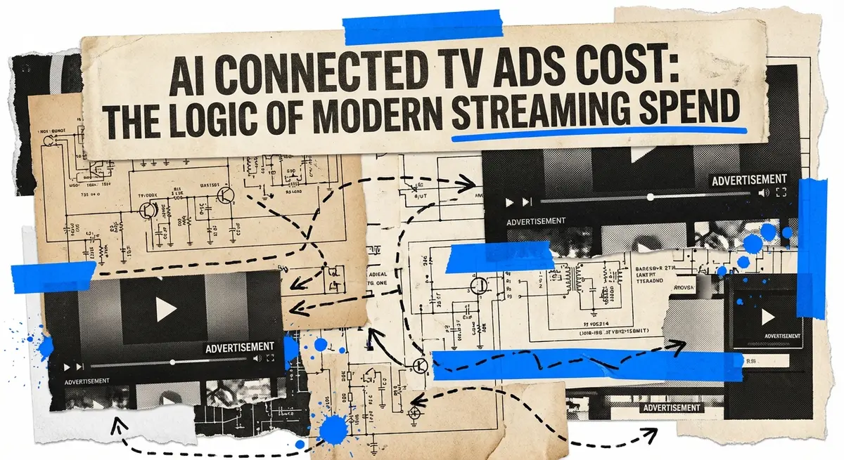 AI connected tv ads cost collage with vintage tv and digital streaming elements