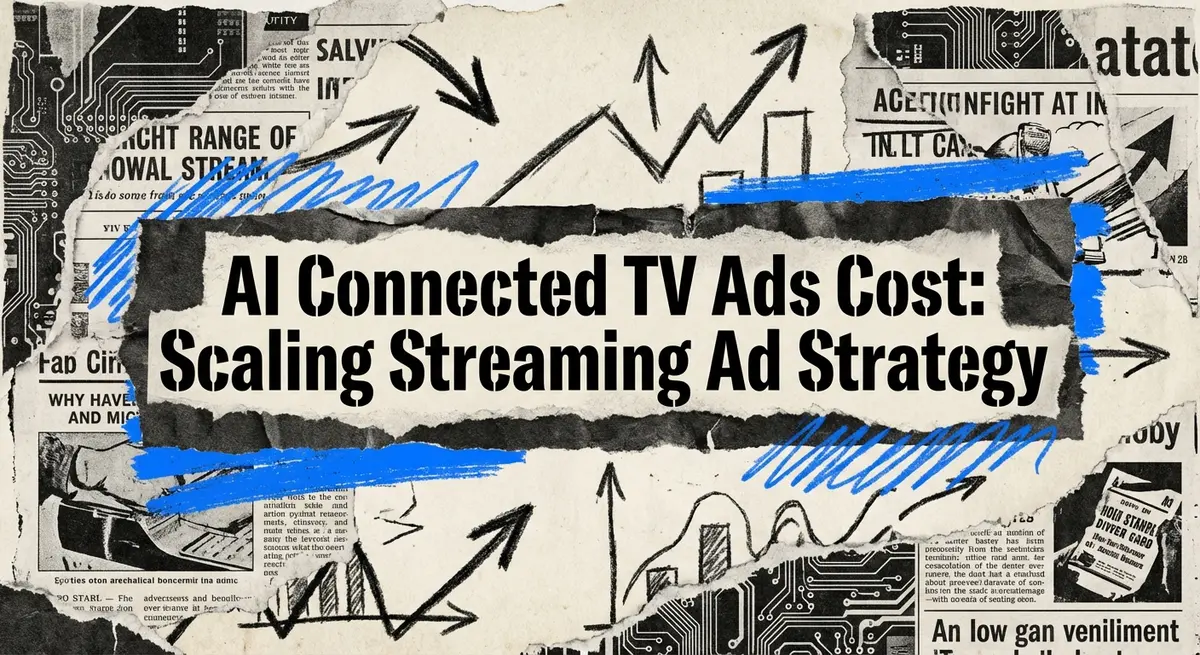 AI Connected TV Ads Cost collage art showing streaming media strategy and digital bidding