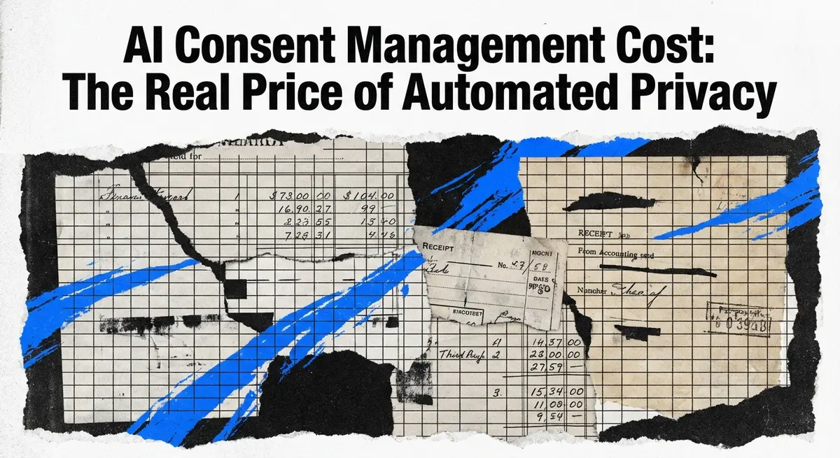Torn paper collage illustrating the complexity of AI consent management cost and privacy compliance