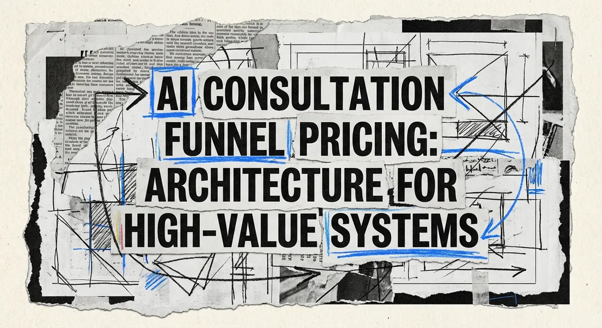 AI consultation funnel pricing strategy collage with torn paper and electric blue accents